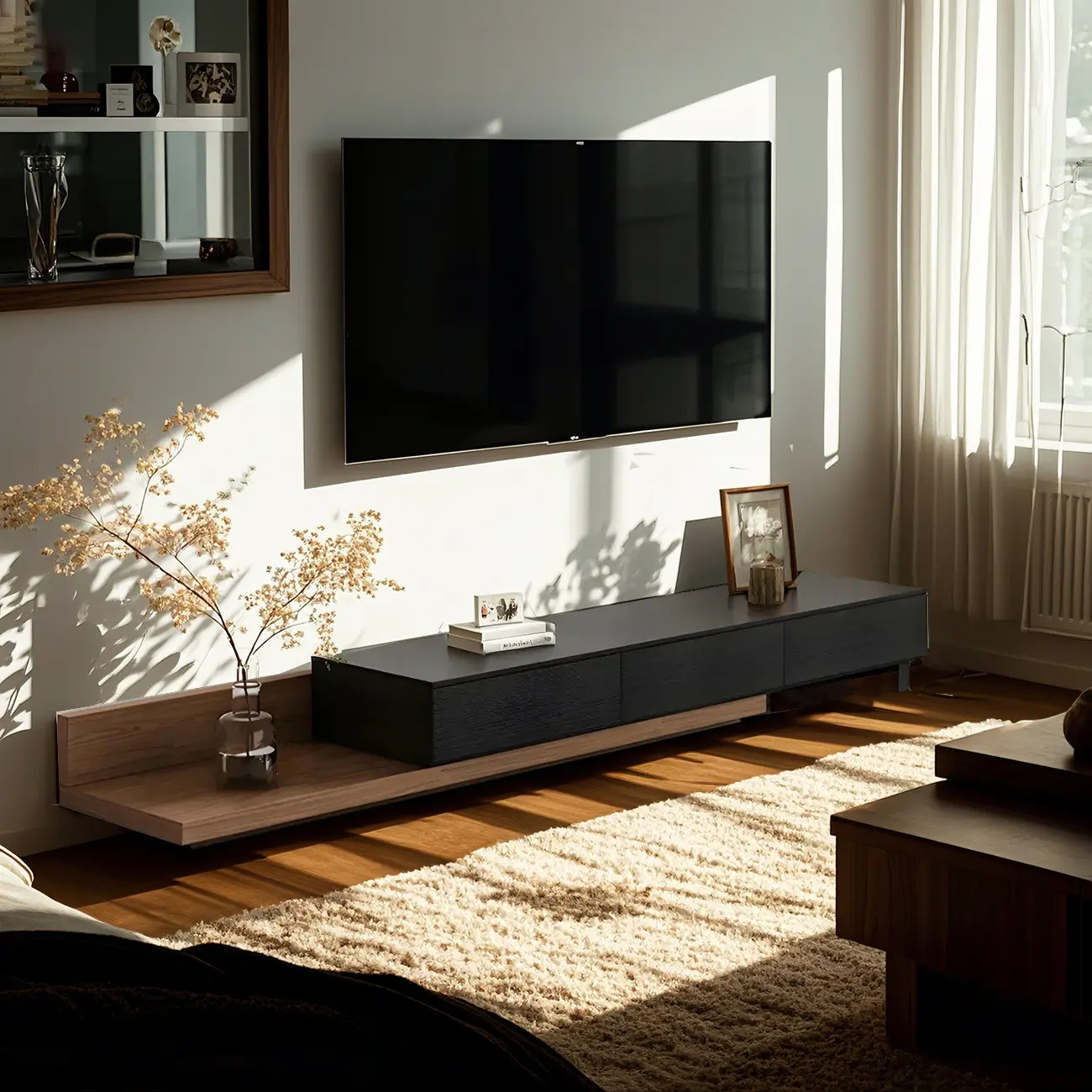 Natural Modern Long Wood Extended Shelf TV Stand with Drawer