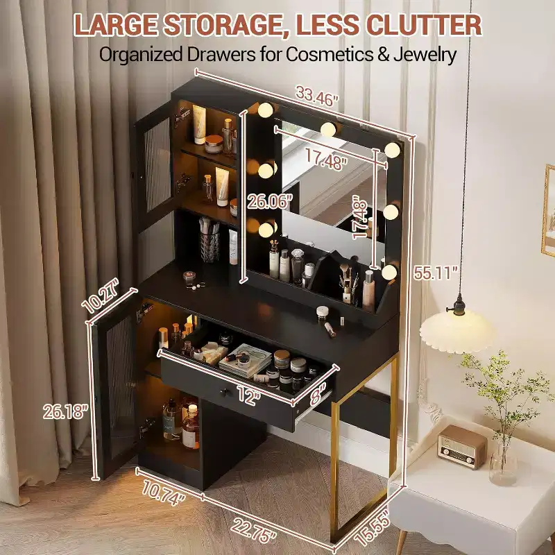 COZONY Vanity Desk with Mirror & Lights, Makeup Dressing Table with Sturdy MDF Top, Metal Legs, Smart Storage Drawers & Cabinets for Bedroom