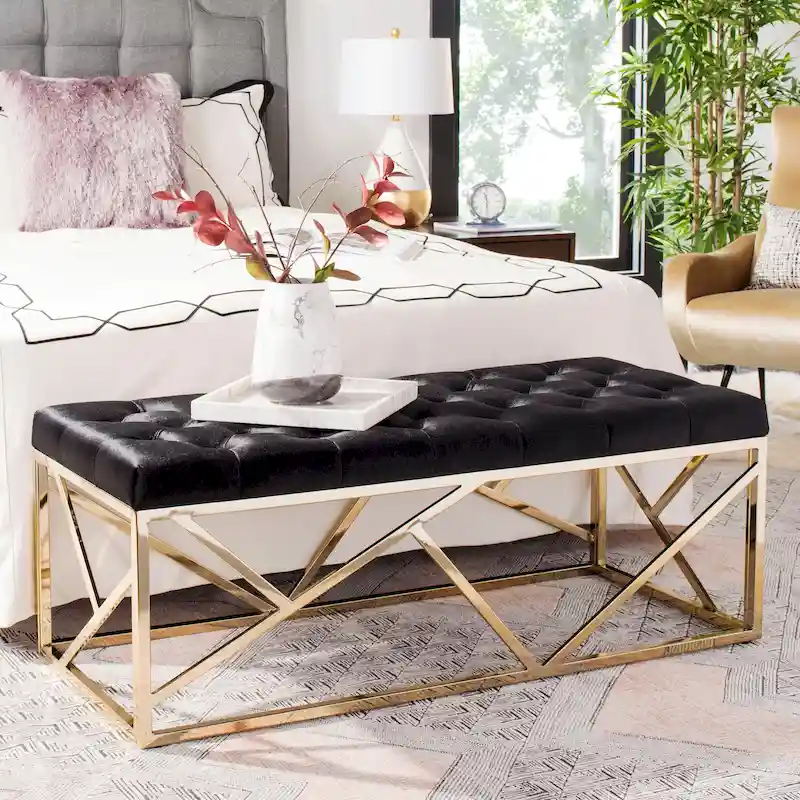 Black / Gold Velvet Tufted Rectangular Bench, 1-Person