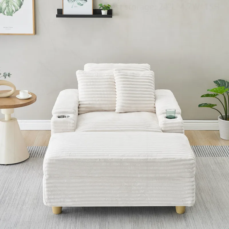 White / Green / Grey / Black Corduroy Sofa with Storage Armrests & Ottoman, 1-Person