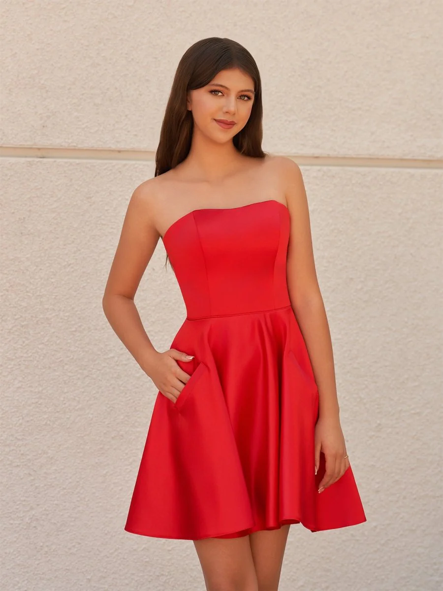 A-Line Strapless Satin Homecoming Dress with Pockets