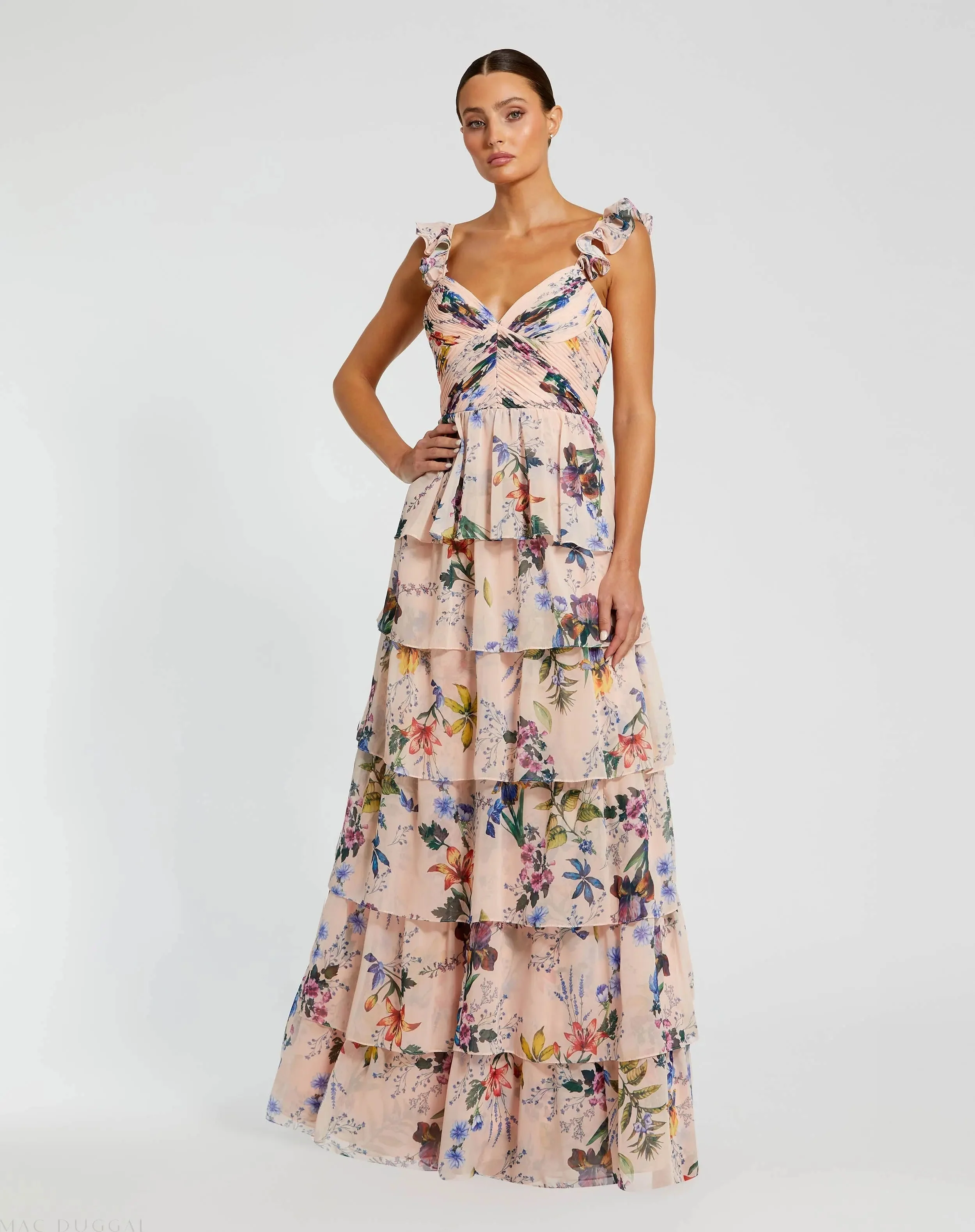 Pink Ruffle Sleeveless Chiffon Tiered Floral Print Gown