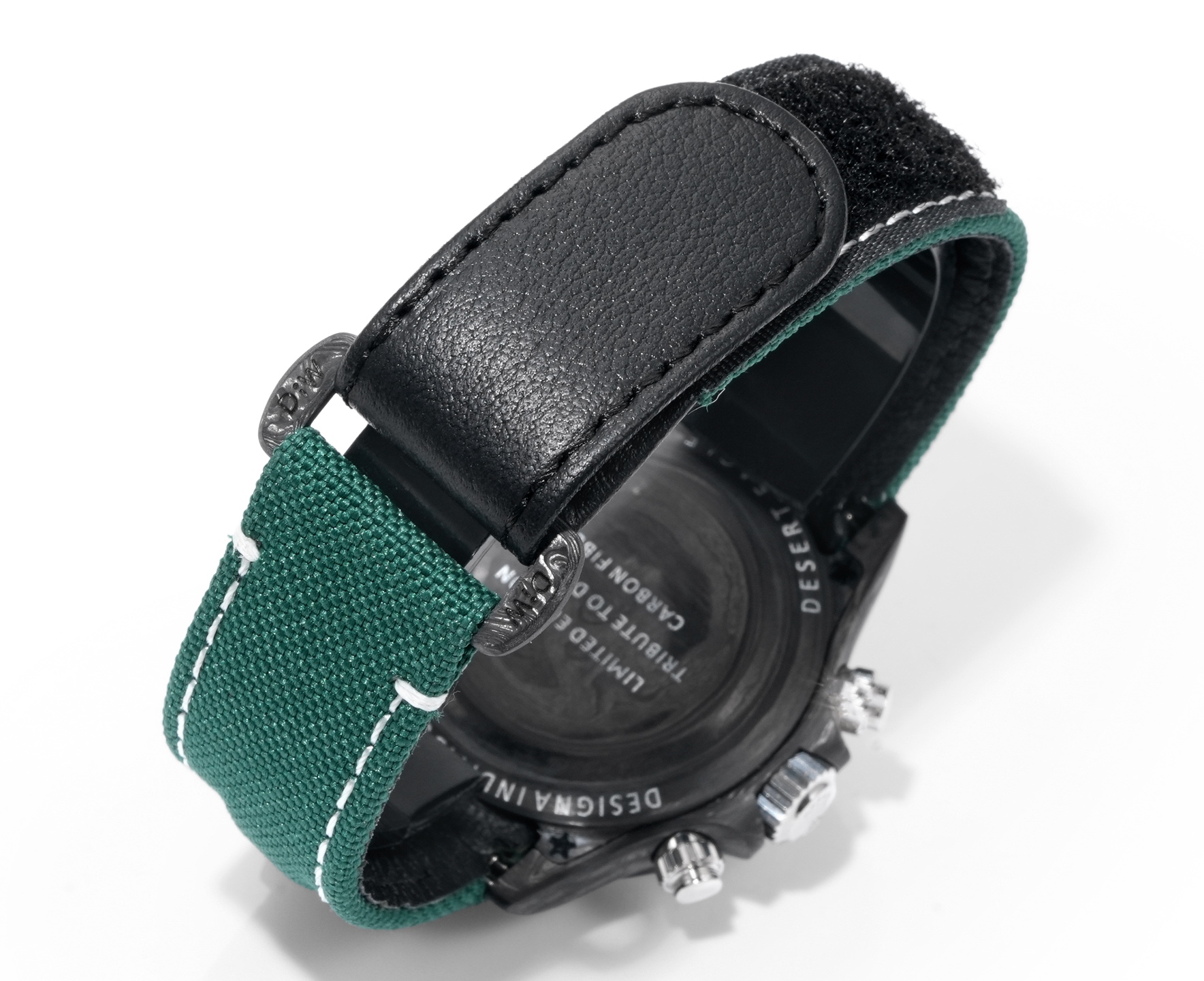 Rolex Daytona carbon fiber replica green fabric and black leather strap close-up