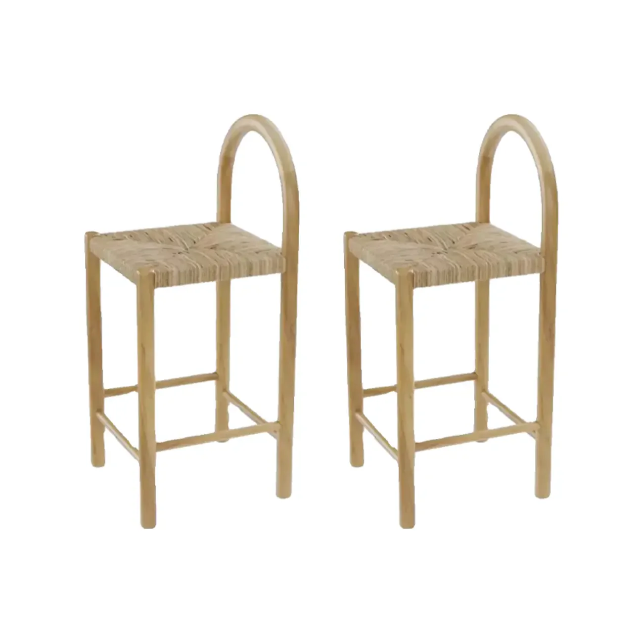 Rustic Wood Natural Rattan Bar Stool with Footrest