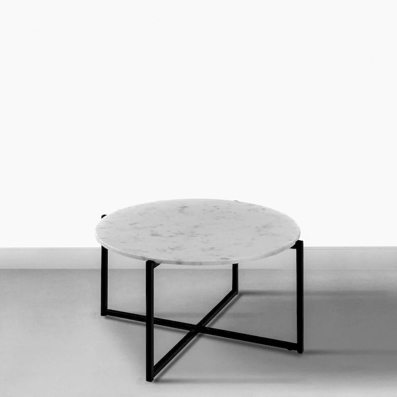 Ivy 30 Inch Marble Top Round Coffee Table with Metal Frame, White and Black