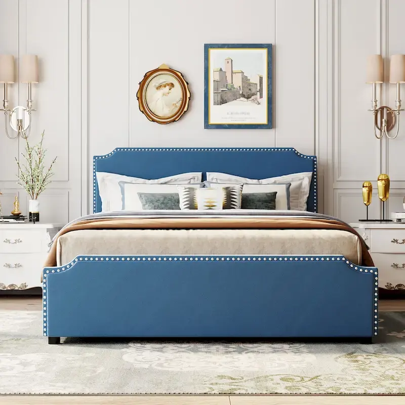 Queen Platform Bed with Storage Drawers and Upholstered Headboard