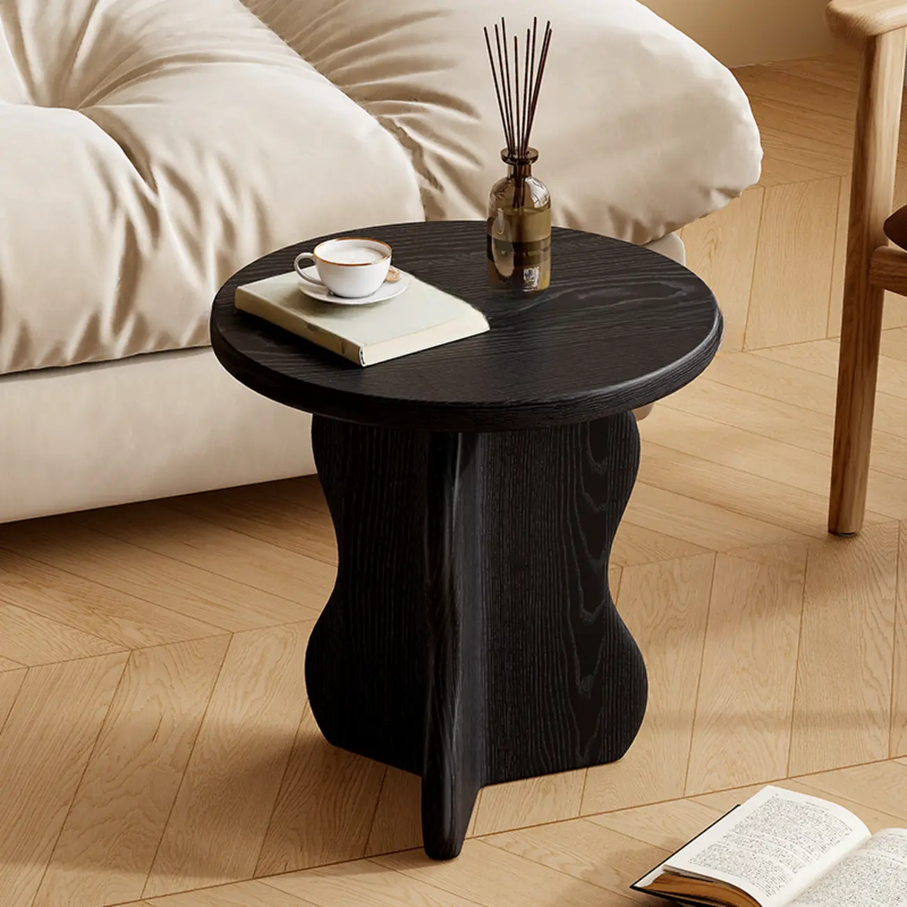 Modern Round Curved Base Wooden End Table for Living Room