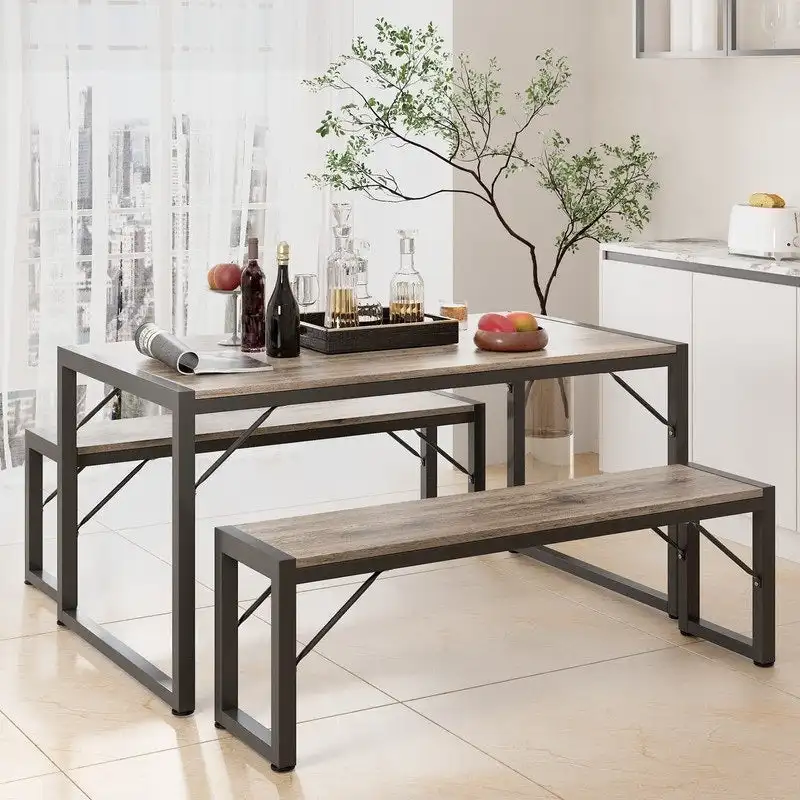 55Dinning Room Table Set for 4-63 Piece Industrial Dining Table Set with 2 Bench for Kitchen