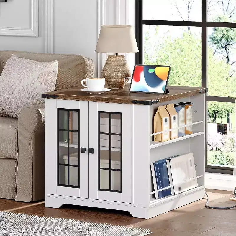 ACOINEL Farmhouse End Table with Charging Station, 23.6 Square Side Table for Living Room, White & Walnut Nightstand with Glass Barn Door