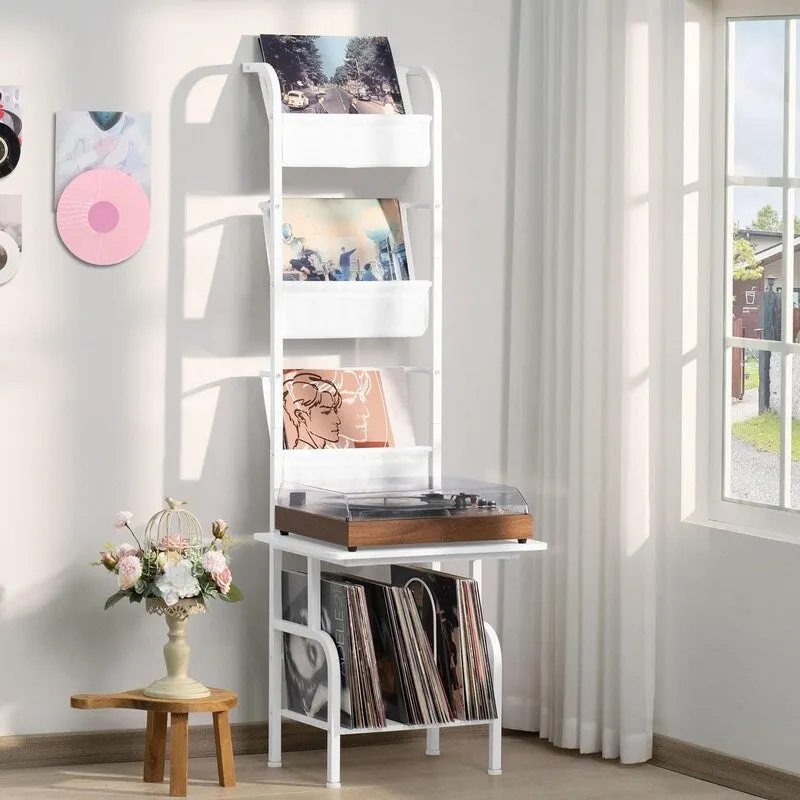 White / Brown / Black Tall Record Player Stand with Vinyl Storage – Industrial Style