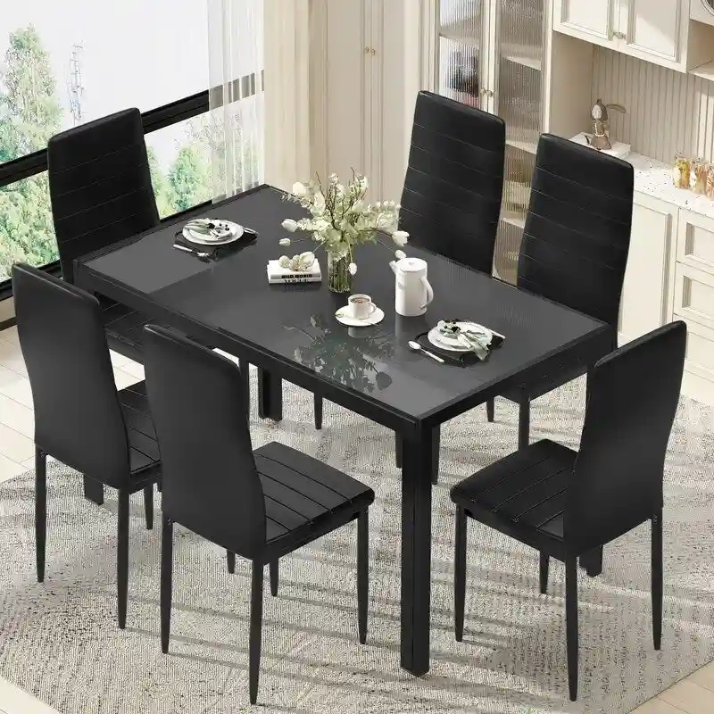 Grondin Modern Style 7-Piece Dining Room Table Set with Tempered Glass Tabletop and 6 PU Leather Upholstered Chairs