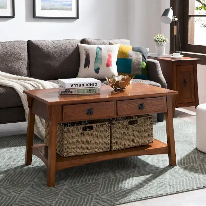 Solid Wood Mission Coffee Table with 2 Drawers – Russet Brown / Slate Brown, Craftsman Style