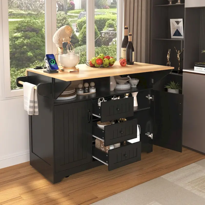 55.7 Kitchen Island with Drop Leaves, Rolling Cart with Power Outlet, Spice Rack, and 3 Drawers