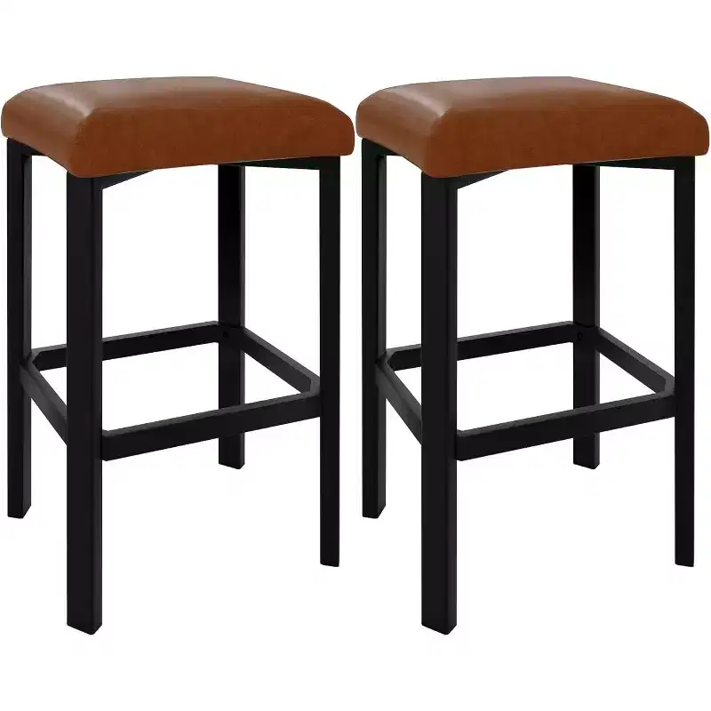 2 Counter Height Bar Stools, PU Leather with 2 Padding, Sturdy Metal Base, Easy Assembly, for Kitchen Island & Bar, Brown