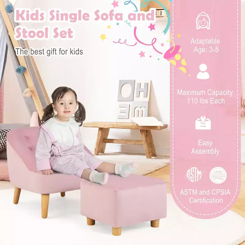 Costway Kids Sofa Chair w/ Ottoman Toddler Single Sofa Velvet Upholstered Couch Grey\Pink