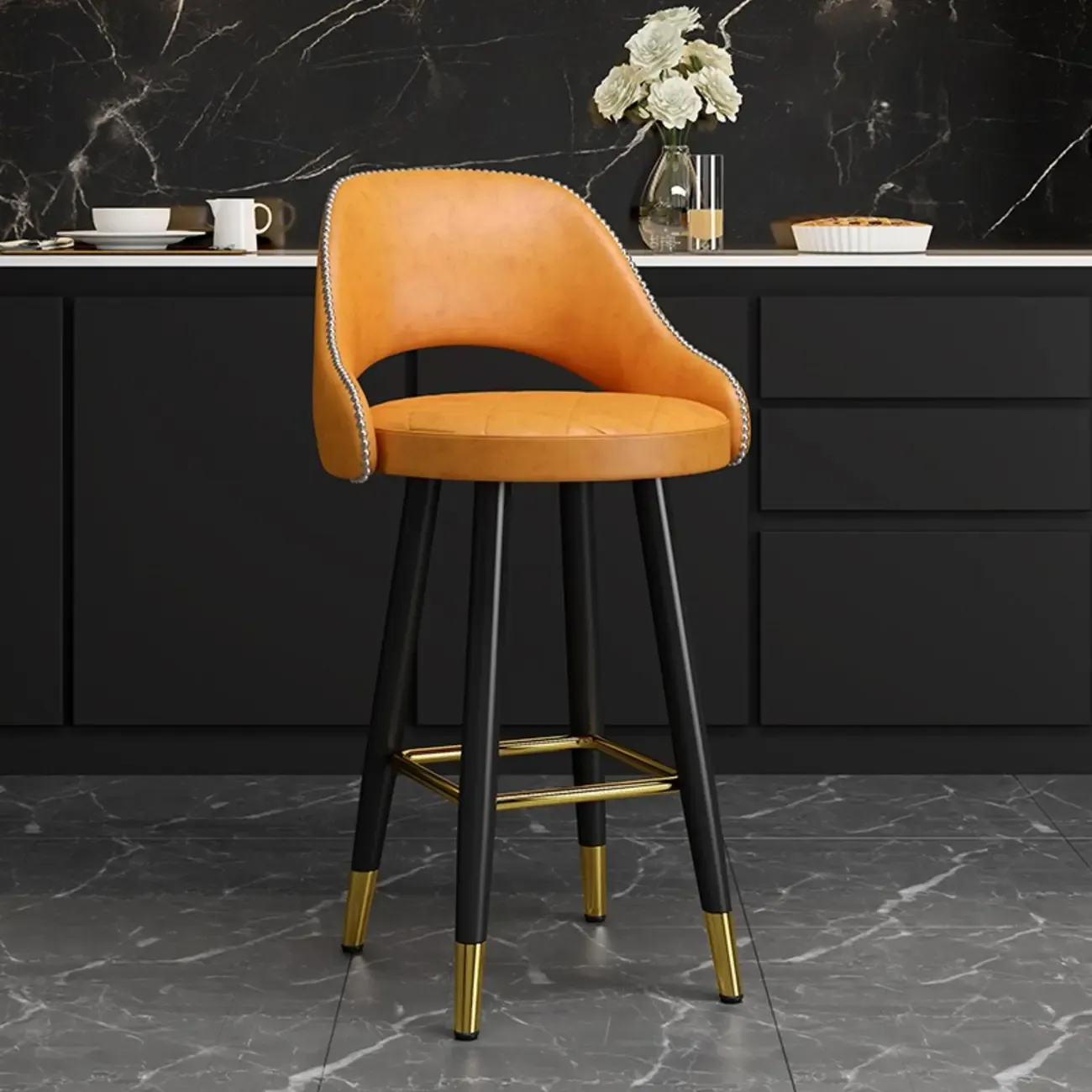 Modern Round Leather Curved Back Bar Stools