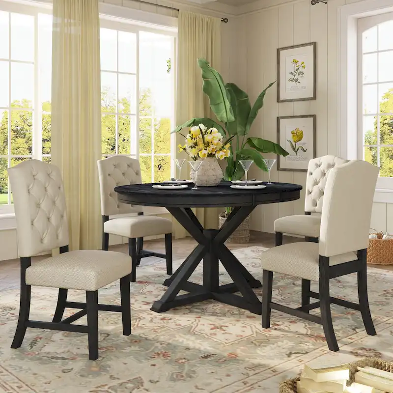 5-Piece Retro Round Extendable Dining Set for 6, Espresso / Natural Wood Wash