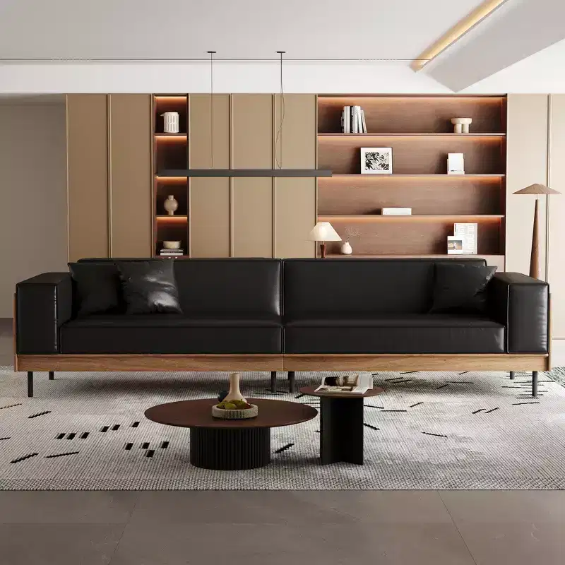 Luck Live Modern Leather Sofa 106.3 Wide with Solid Wood Frame, Metal Legs and 3 Decorative Pillows Black