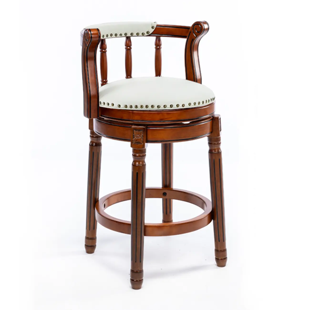 Swivel Counter Height Bar Stools in Genuine Leather & Walnut Solid Wood