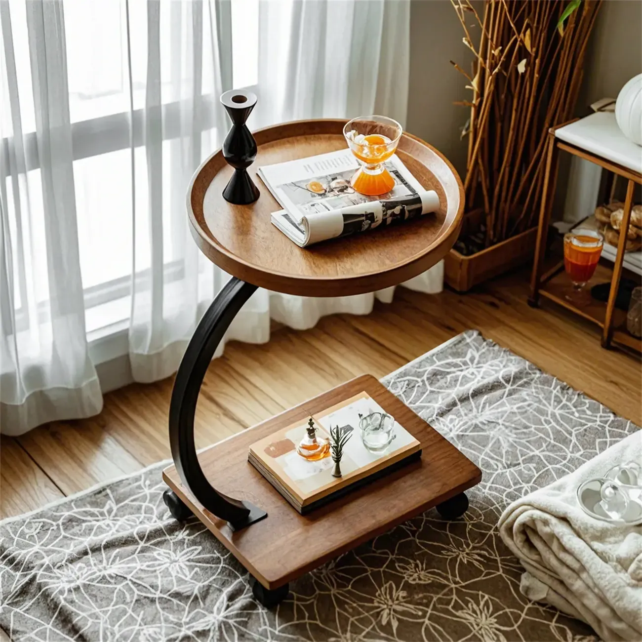 Wooden Round C-Shaped Side Table with Swivel Wheels