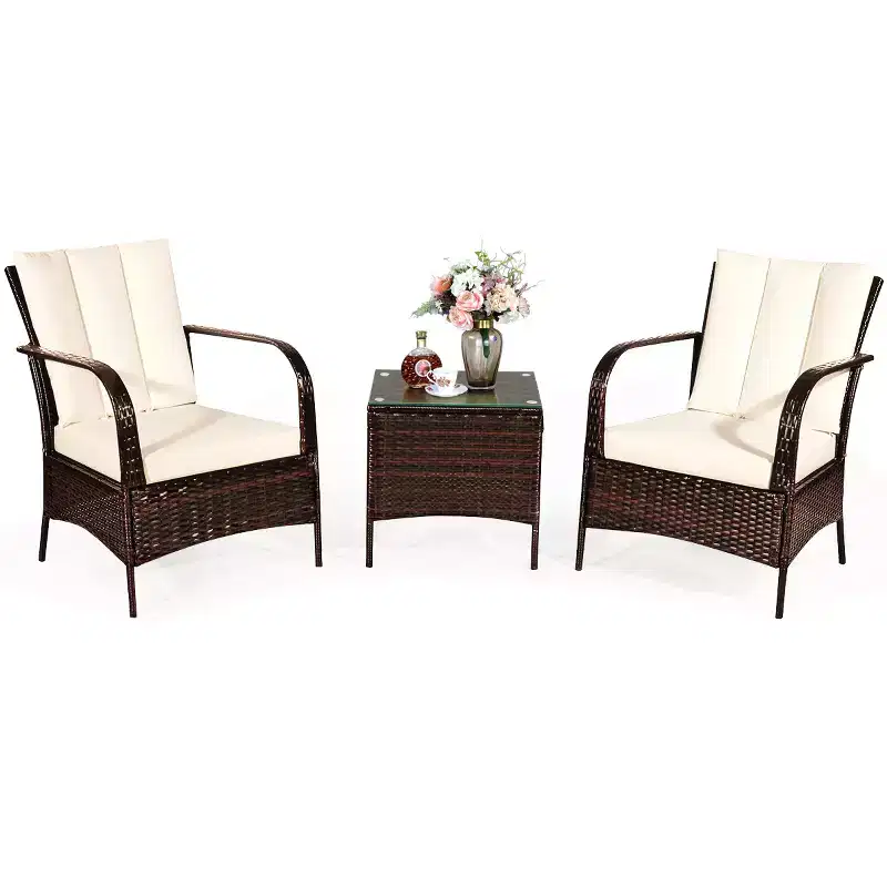 Costway 3 PCS Patio Wicker Rattan Furniture Set Coffee Table & 2 Rattan Chair W/Cushions