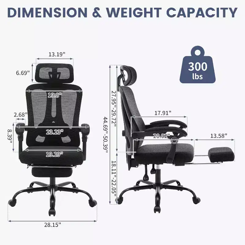 Acekool Mesh Office Chair with Footrest, Ergonomic Desk Chair with Lumbar Support, Adjustable Executive Computer Chair with Wheels (Multiple Colors)