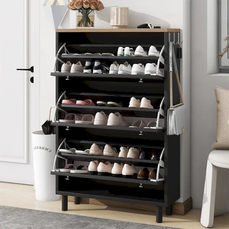 Narrow Design Shoe Cabinet with 3 Flip Drawers, 3 Hooks