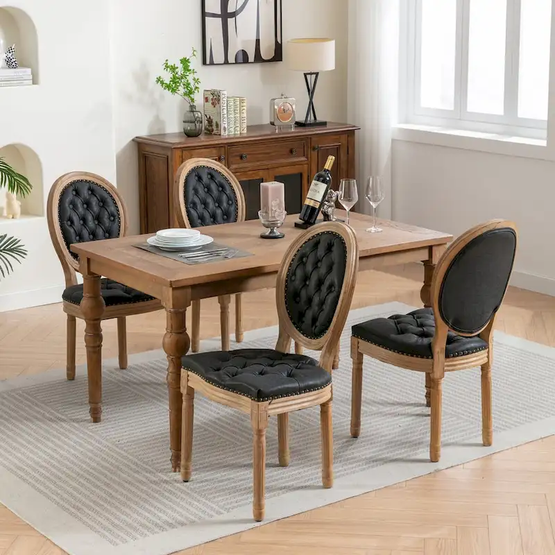 Mid-century Modern Dining Chairs Set of 4, PU Leather High-end Tufted Dining Room Chair with Nailhead Trim Solid Wood Legs