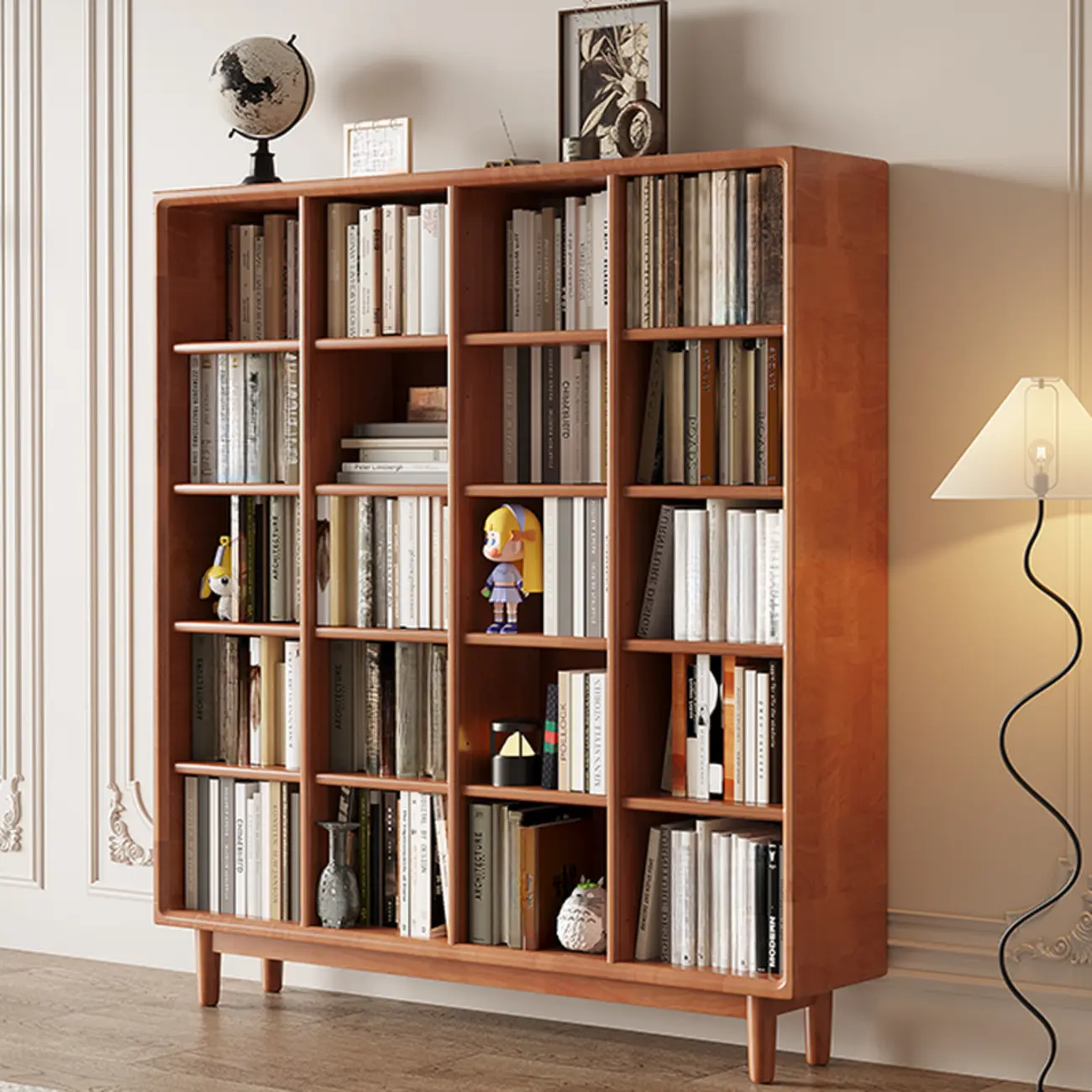 Mid Century Modern Oak Wood Closed Back Standing Bookcase