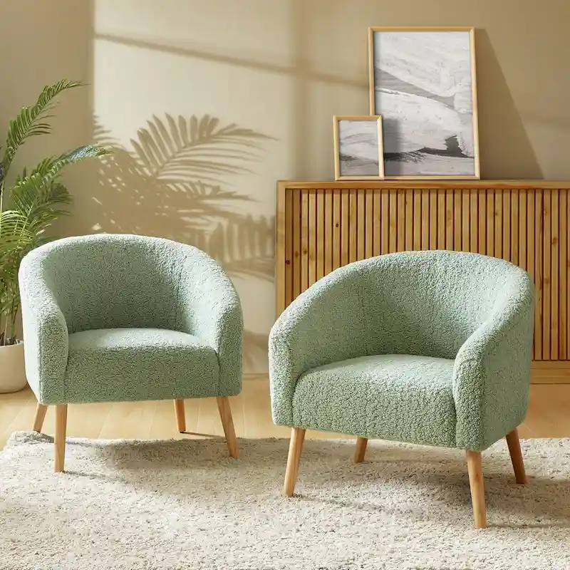 Modern Boucle Armchair with Solid Wood Legs, Set of 2