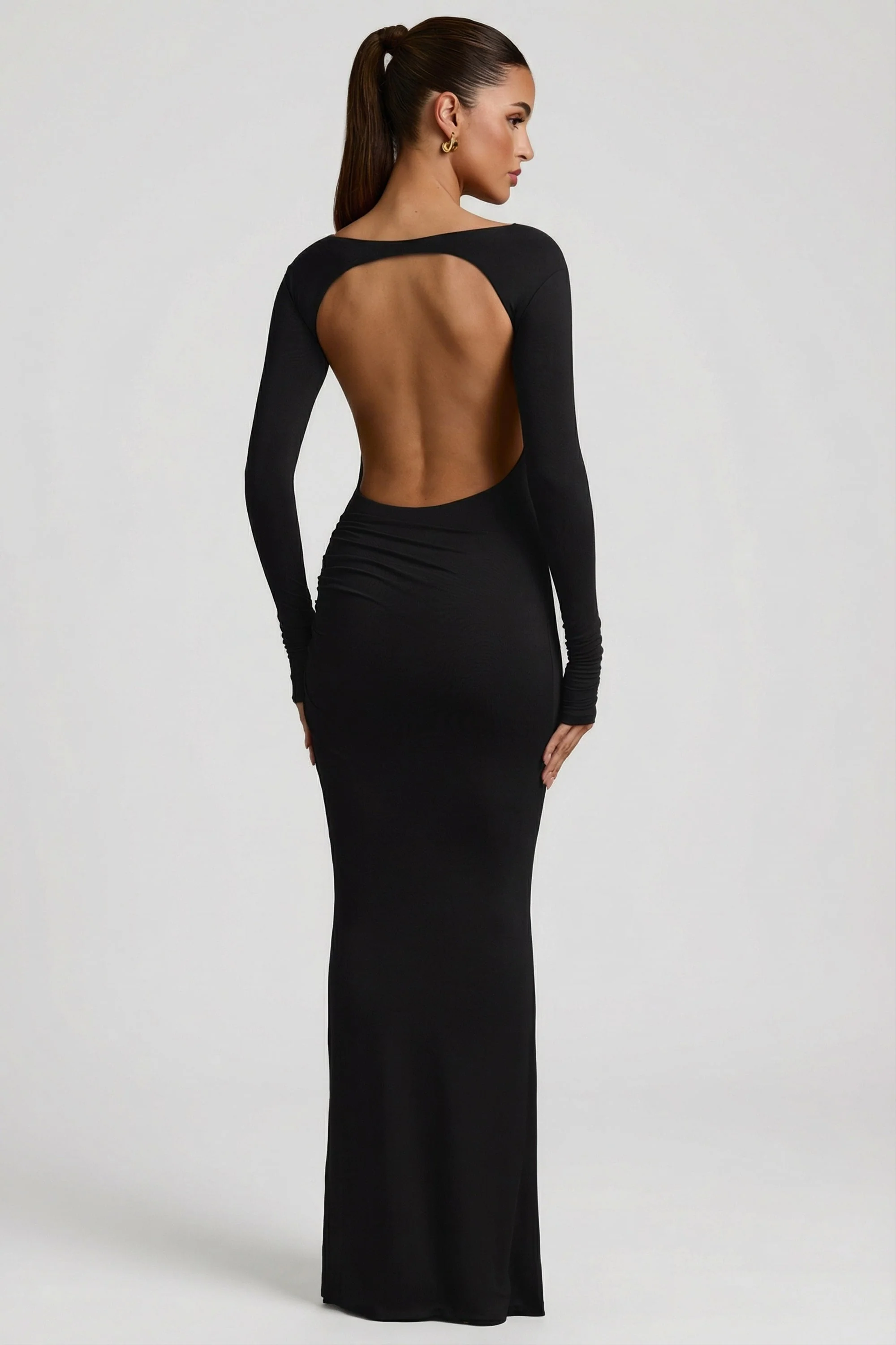 Modal Ruched Backless Maxi Dress in Black