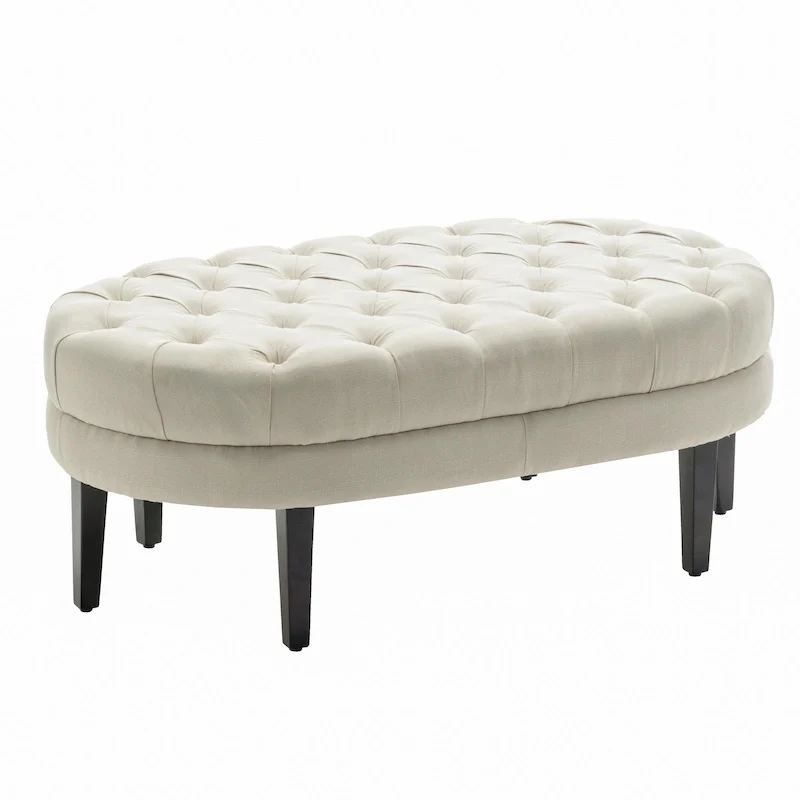 Beige / Blue Oval Tufted Cocktail Ottoman with Rubberwood Legs, Seats 1