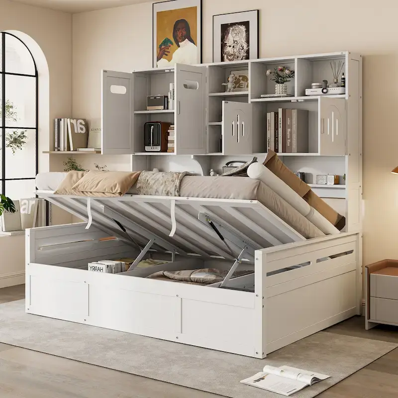 White Full Size Daybed with Hydraulic Storage, Cabinet & Shelf, Single