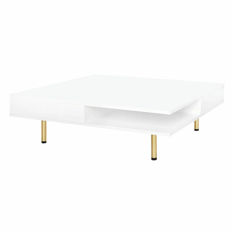 High Gloss Coffee Table: 4 Golden Legs, 2 Drawers, 2-Tier Square Design