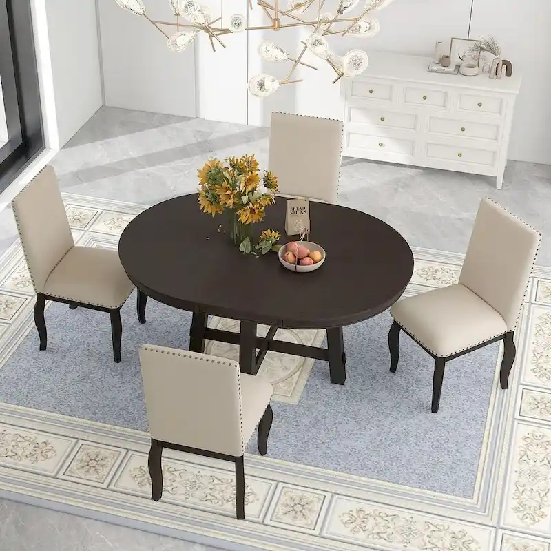 Wooden Round Drop Leaf Extendable Dining Table Set with 4 Upholstered Chairs