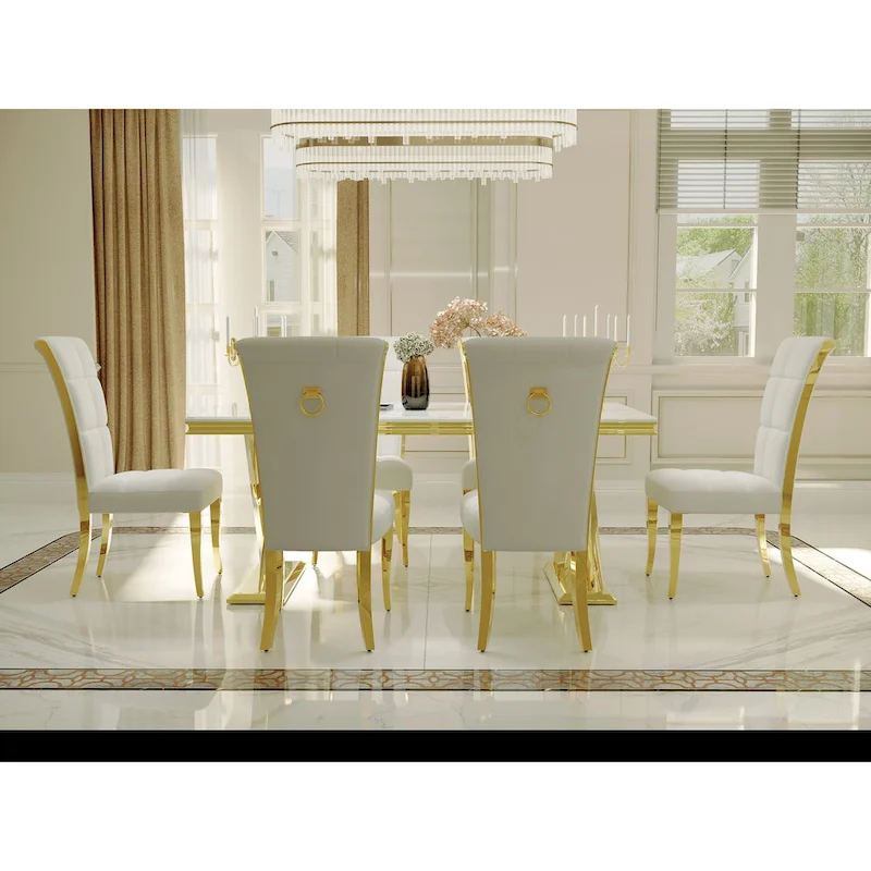 Luxury White Velvet Dining Chairs with Pull Ring on Back and Polished Gold Legs