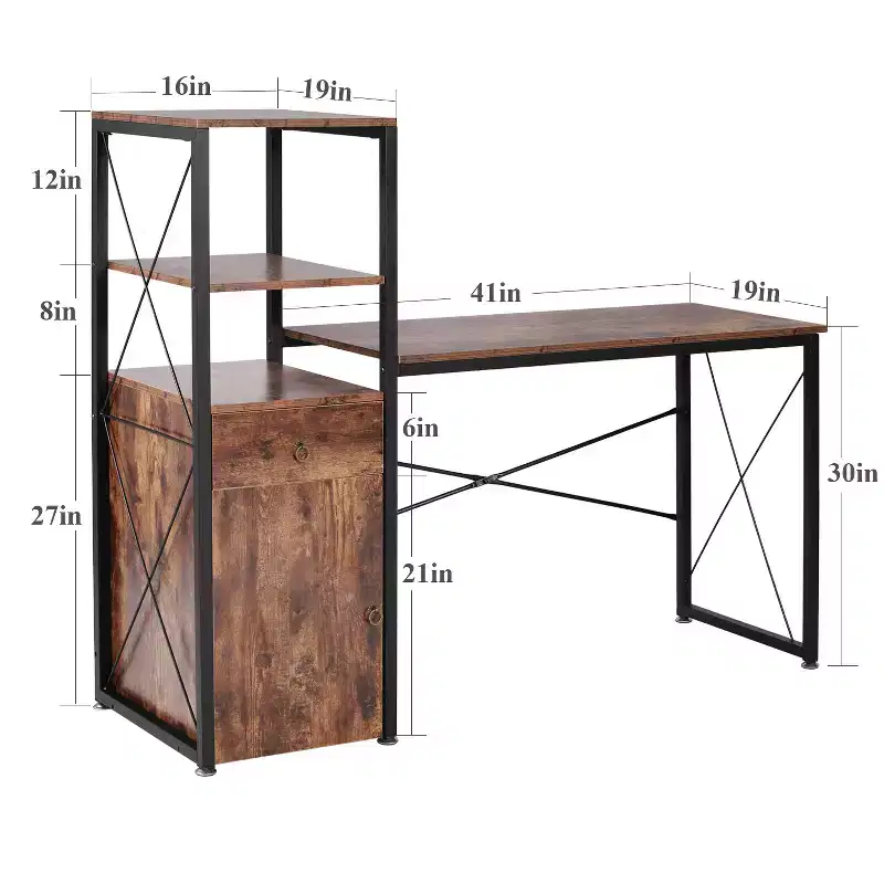 VECELO Computer Desk with Drawer & Storage Cabinet, Large Office Desk Computer Table Studying Writing Desk Workstation with Bookshelf, Brown