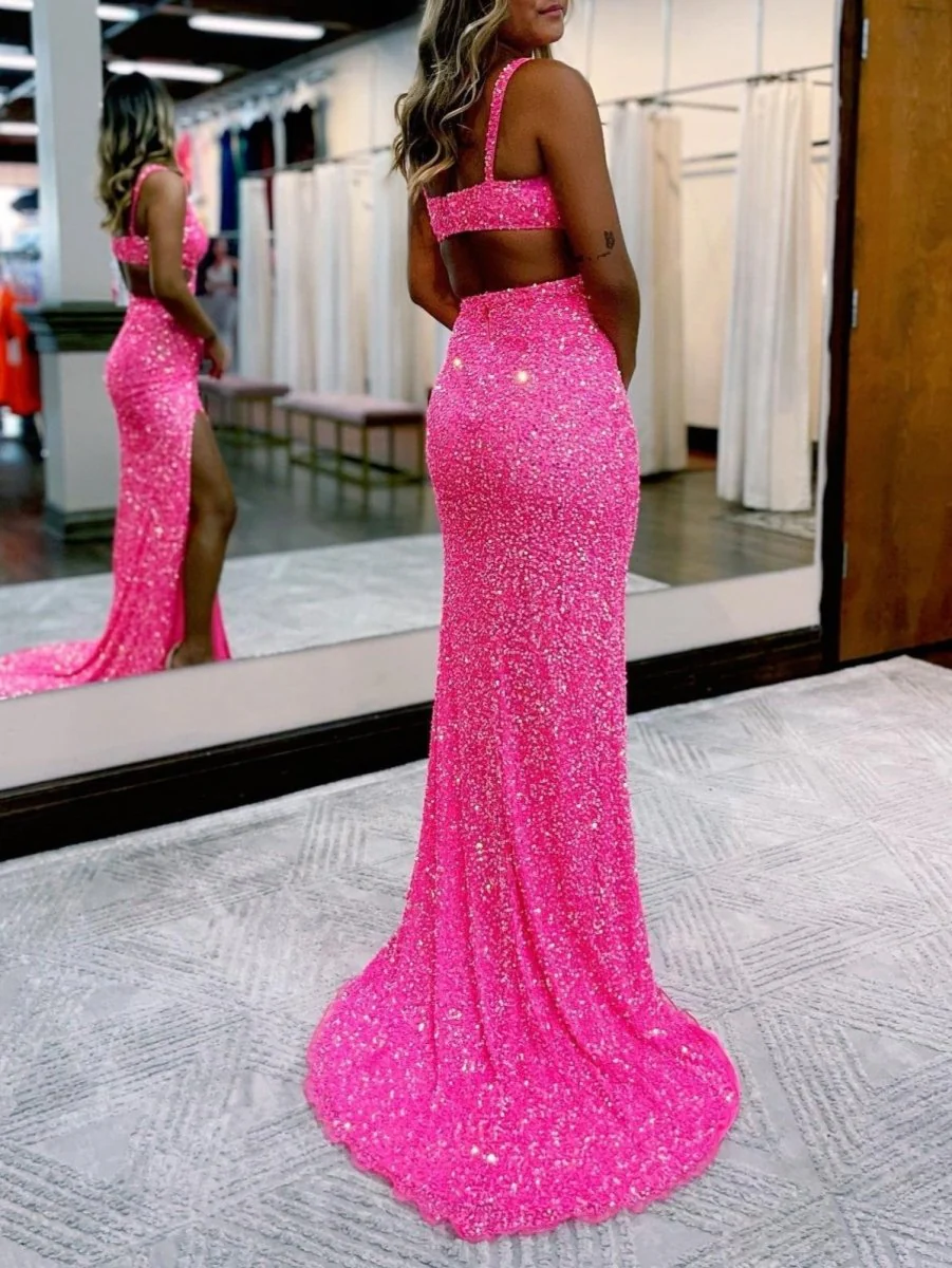 Mermaid V Neck Sequins Prom Dress with Slit