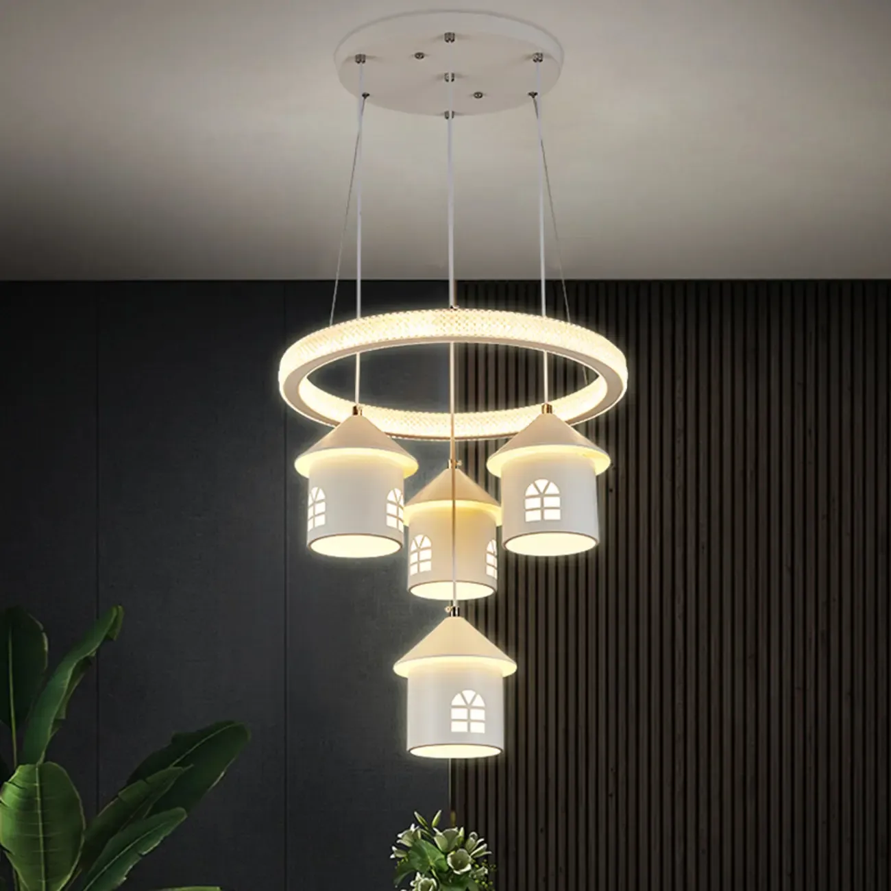 Modern 4-Light LED Chandelier with Unique House Design