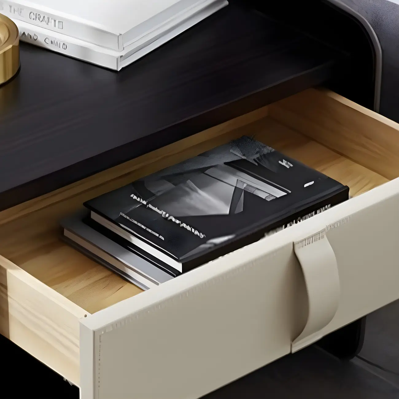 Modern 2-Tier Wood Leather Shelved Drawer Nightstand