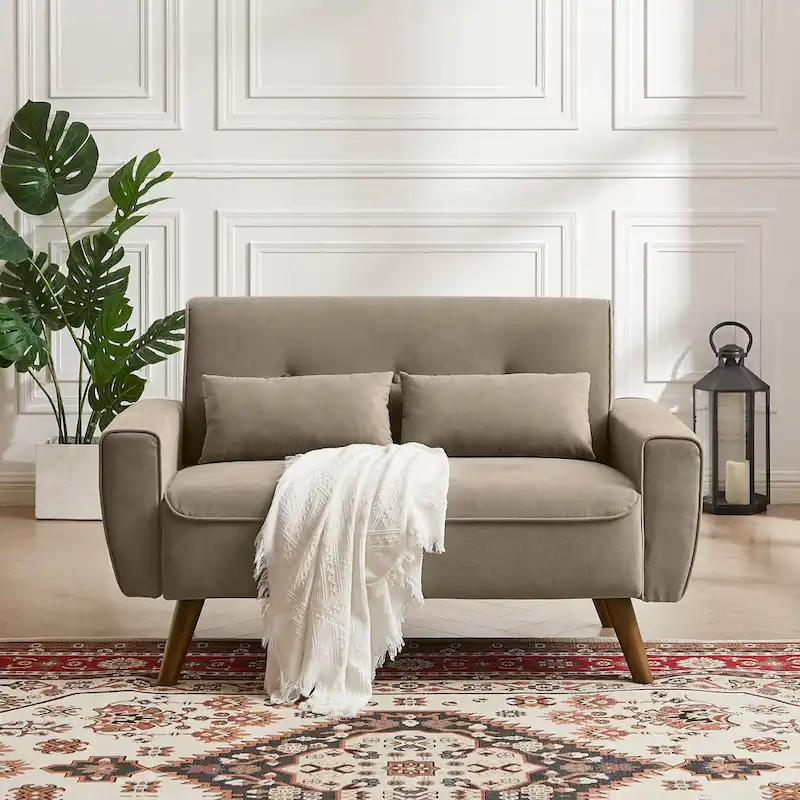 48.82 Small Tufted Loveseat Sofa with 2 Pillows and Tapered Wood Legs