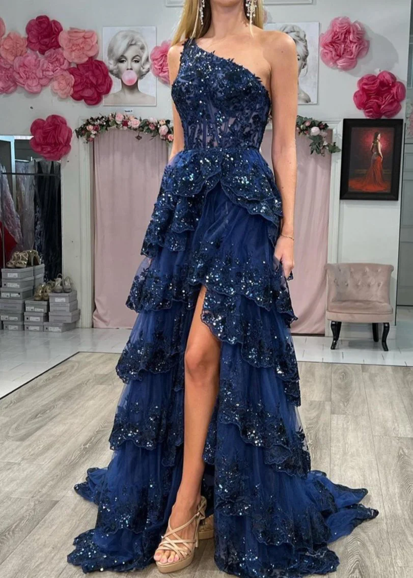 Sheath One Shoulder Tiered Lace Long Prom Dress