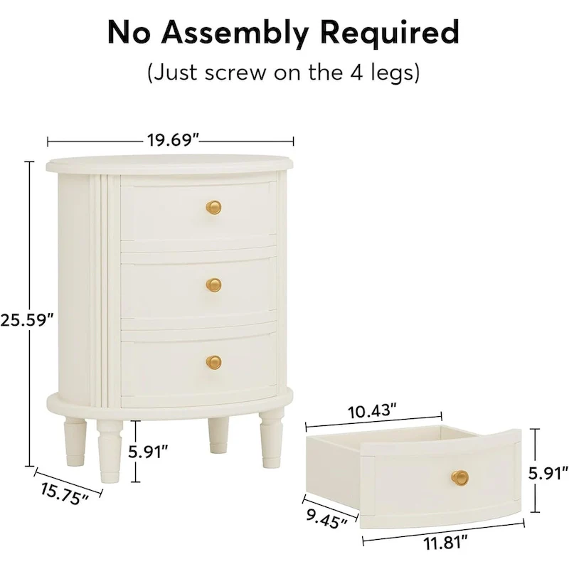 Fully Assembled Nightstand with 3 Drawers