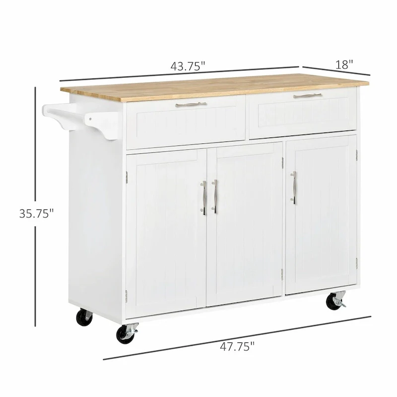 Mobile Kitchen Island with Wood Top, Drawers, Cabinets, Adjustable Shelves, and Towel Rack