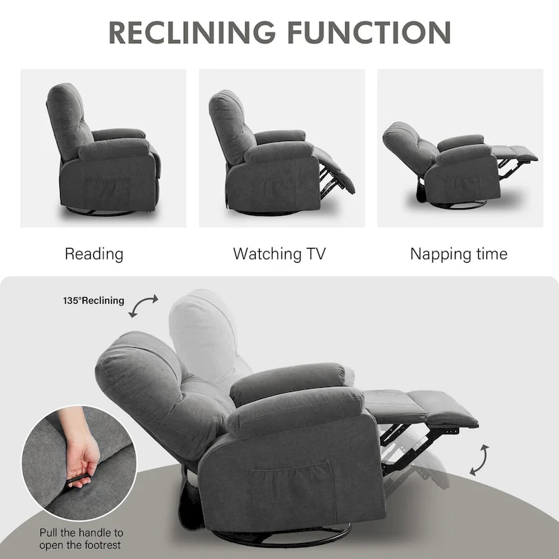 360 Swivel Manual Recliner Single Sofa Chair Fabric Lounge Chair with Pull Out Footrest and Side Pockets