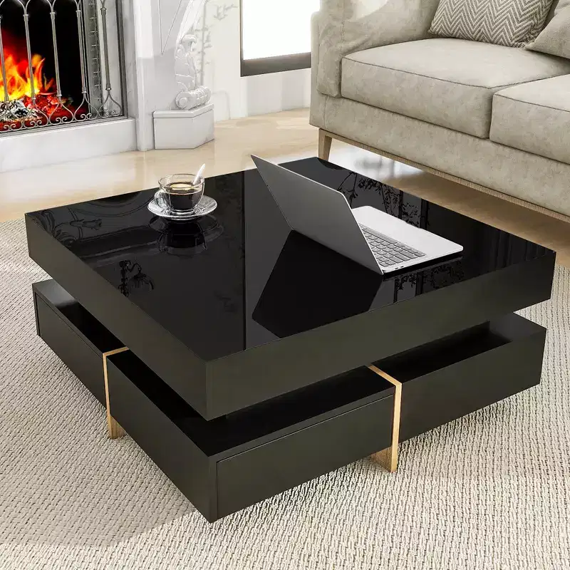 Modern High Gloss Coffee Table With 4 Drawers, Multi-Storage Square Cocktail Tea Table,Center Table,abstract,black,31.5in,2.63ft