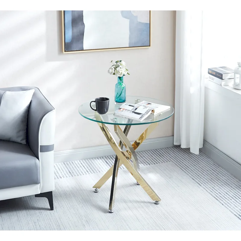 Modern Round Tempered Glass End Table with Stainless Steel Legs
