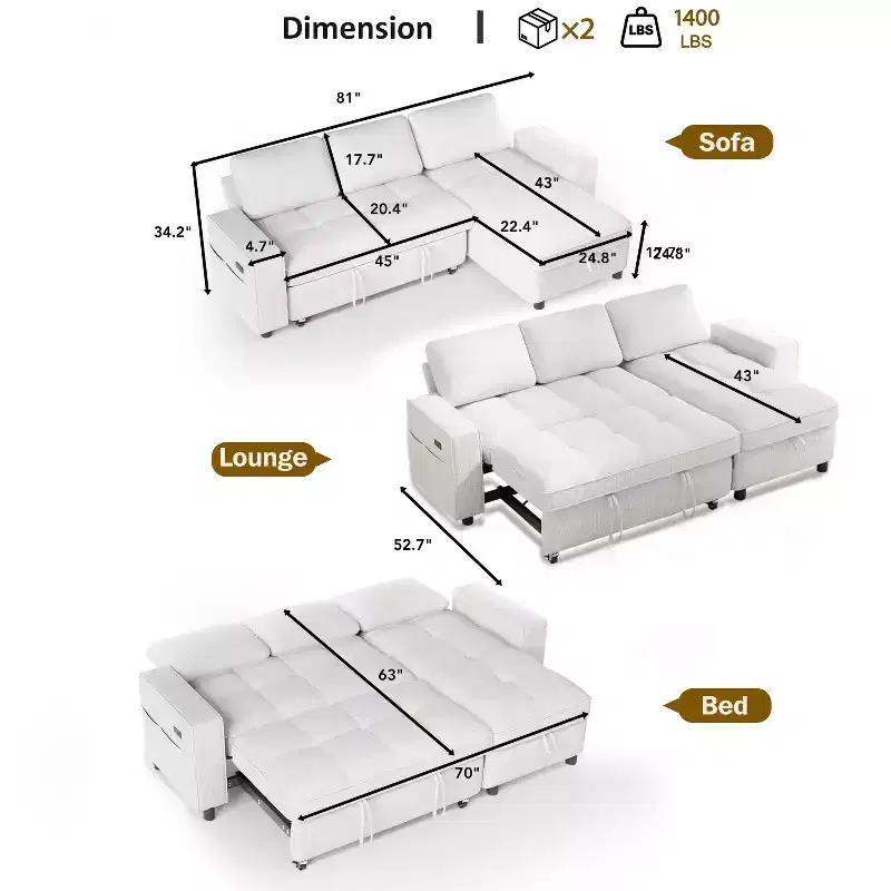 Dyonery 81 L-Shaped Sectional Sleeper Sofa Bed with Pull-Out, Reclining Backrest, Storage Chaise & USB Ports
