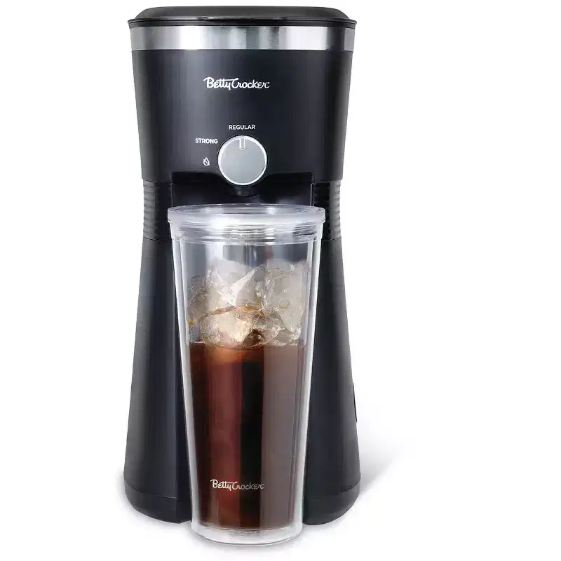 Betty Crocker Coffee Maker for Iced  Hot Brew, Compact Iced Coffee Machine with Chrome Accents, Reusable Filter, BPA-Free, Black