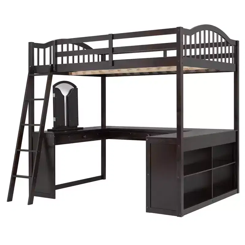 Polibi Full Size Wood Loft Bed with Built-In U-Shaped Desk, Vanity Mirror Station & Storage Shelves